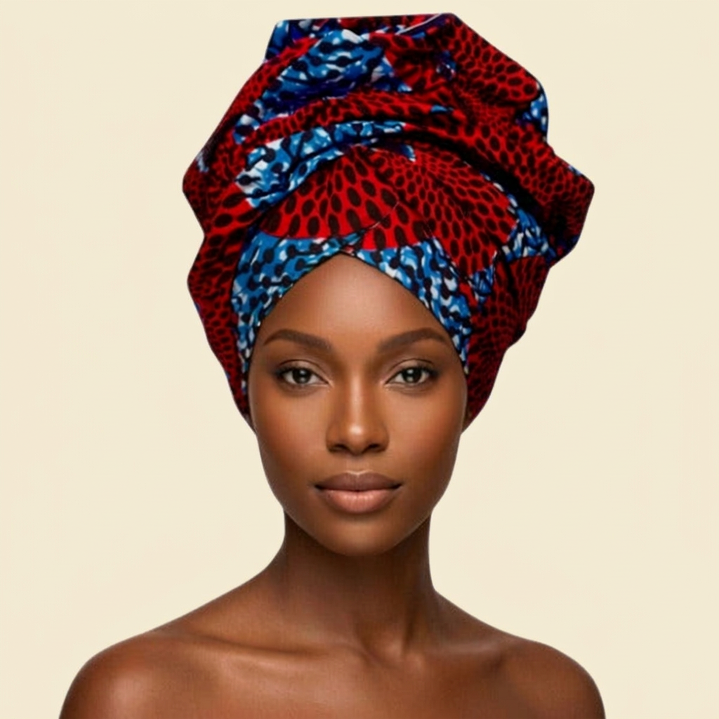 Red and Blue Ankara Crown Wrap on cream background