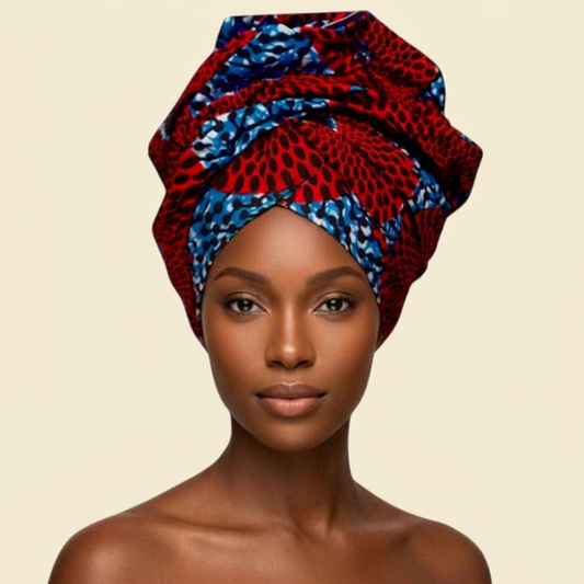 Red and Blue Ankara Crown Wrap on cream background