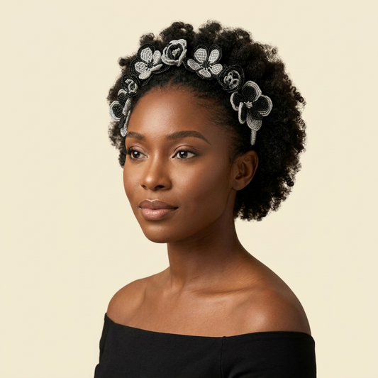 Midnight Bloom Beaded Floral Necklace on cream background
