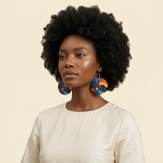 Mother and Child African Art Earrings on cream background