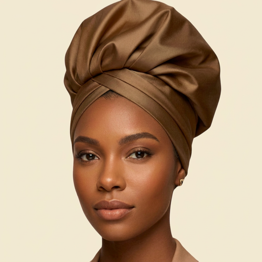 Cognac Crown Satin Turban on cream background
