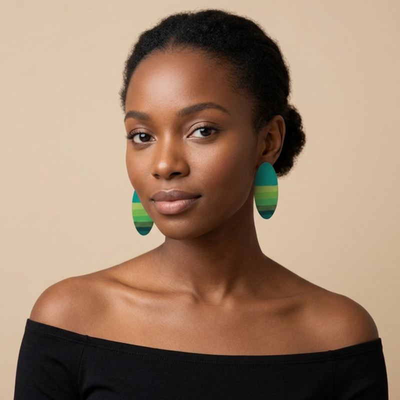 Savanna Green Stripe Earrings - handcrafted green oval statement earrings by Tinkers
