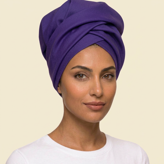 Royal Purple Crossover Turban on cream background