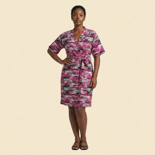 Fuchsia African Print Kimono Wrap Dress on cream background