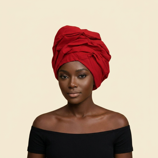 Ruby Elegance African Headwrap on cream background