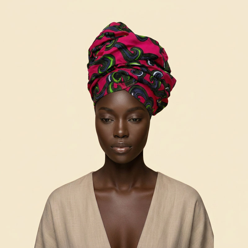 Pink Bloom African Headwrap on cream background