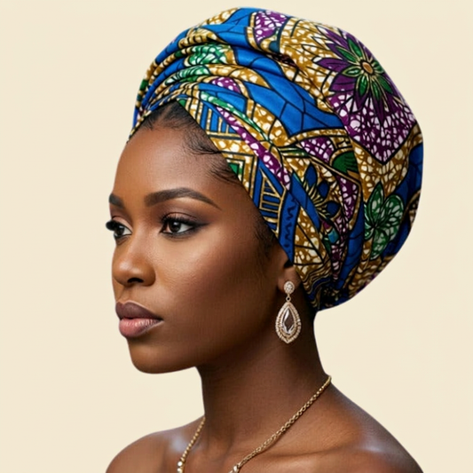 Cobalt Bloom Ankara Crown Wrap on cream background