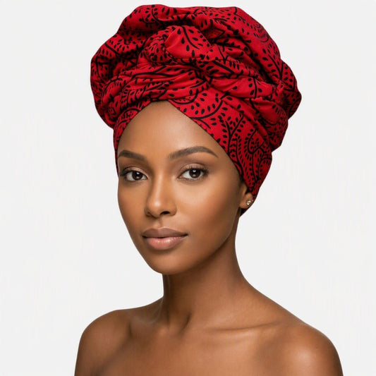 Red Ankara Botanical Headwrap - crimson African print headwrap by Tinkers