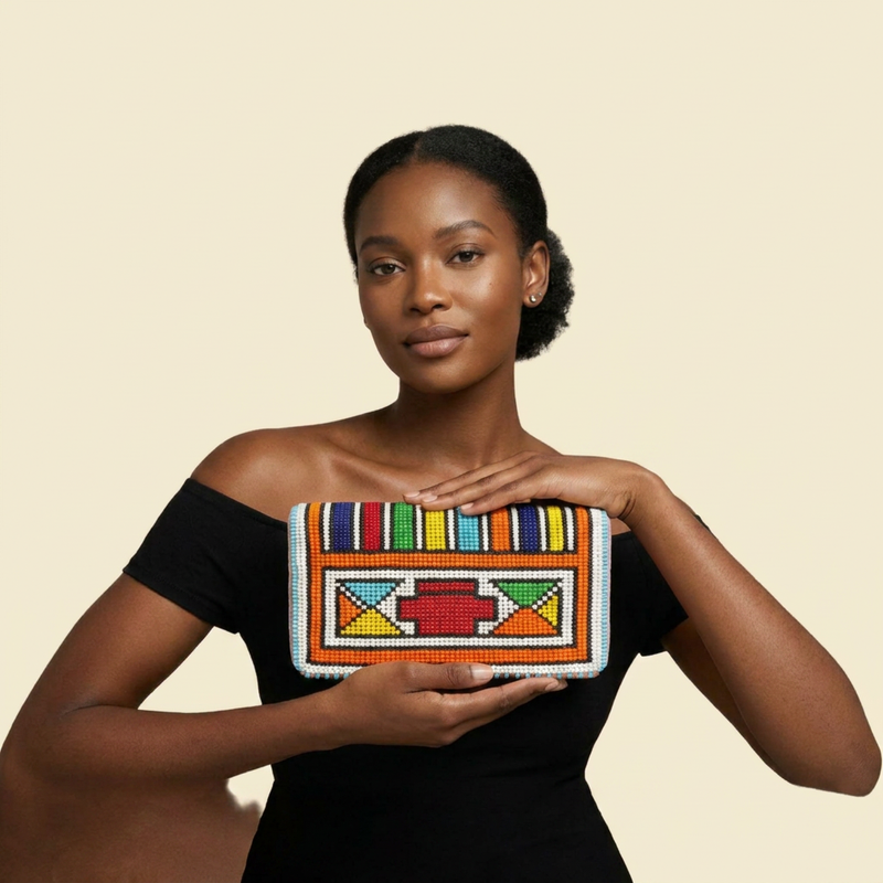 Ndebele Beaded Clutch on cream background