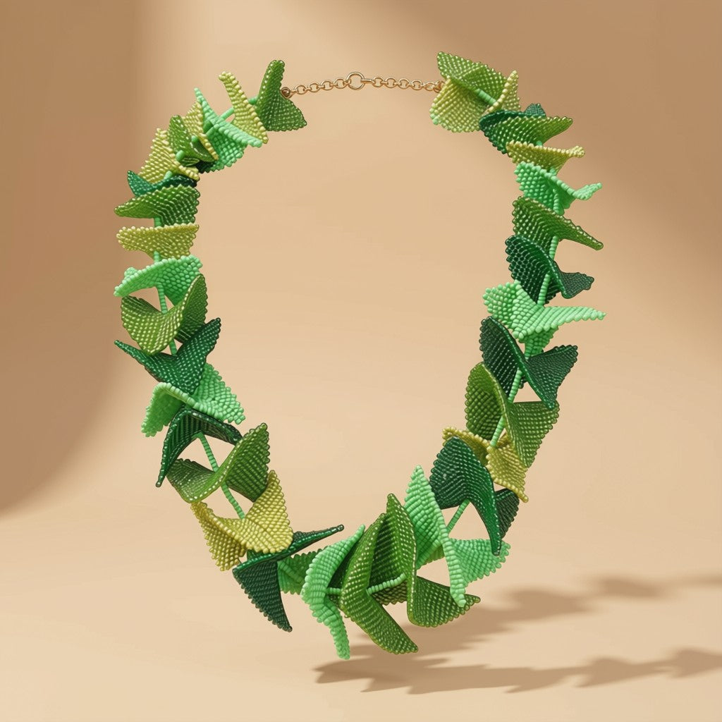 Product shot of the green Butterfly Beaded Necklace floating against a beige background, showing the full circular arrangement of green petal segments with a gold-tone clasp.