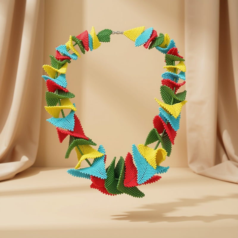 Product shot of the multicolour Butterfly Beaded Necklace against a beige draped background, showing the full necklace of red, yellow, blue and green triangular petal segments with a silver-tone hook clasp.