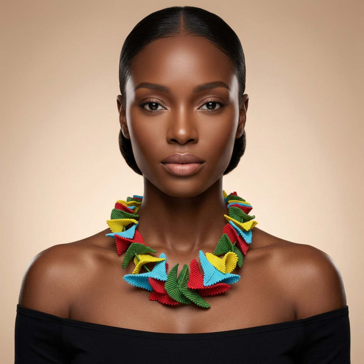 Model wearing the Butterfly Beaded Necklace in red, yellow, sky blue and green triangular petal beaded segments layered in a floral fan pattern, against a beige studio background.