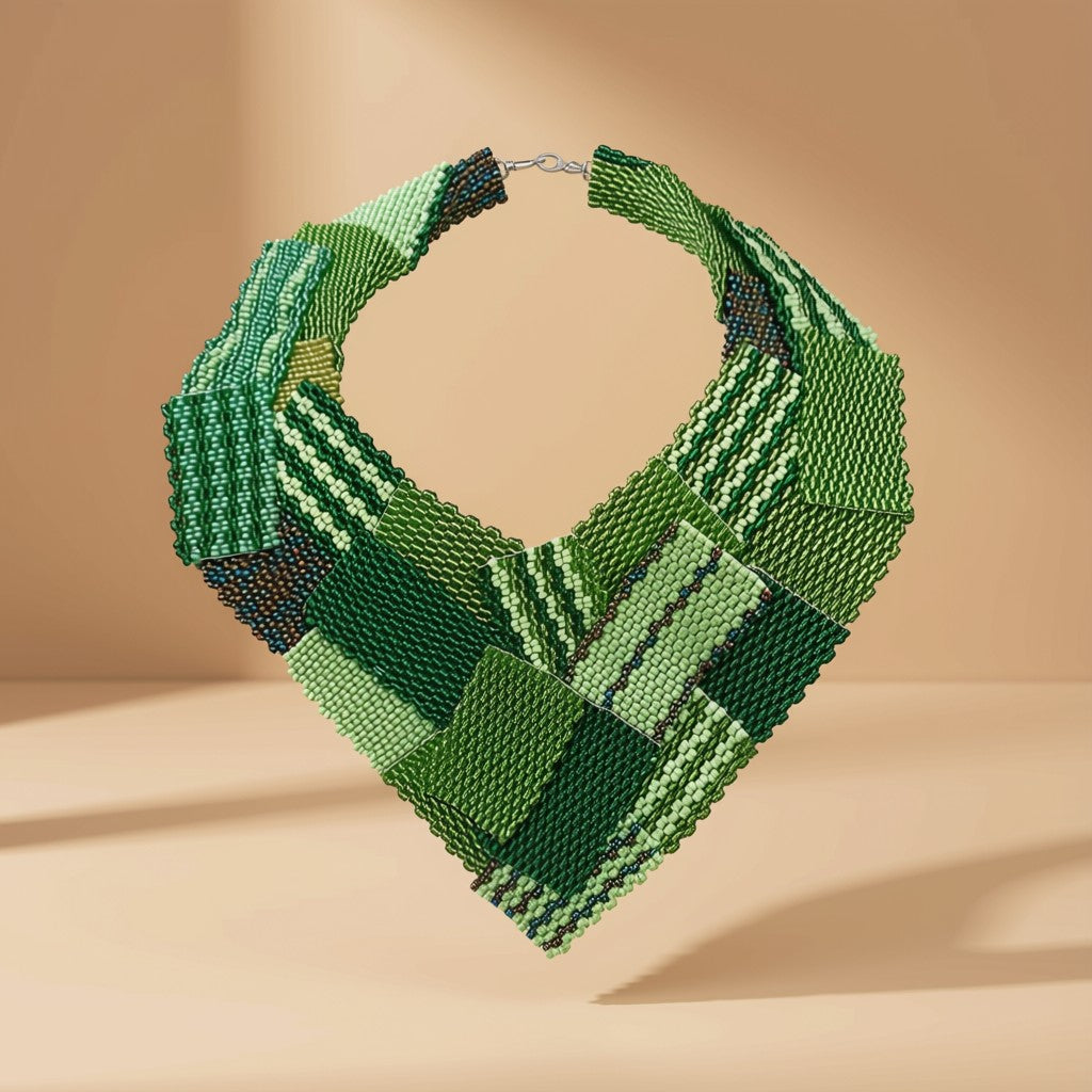 Product shot of the Beaded Collar Necklace in shades of green patchwork beaded panels with a hook clasp, on a tan background.