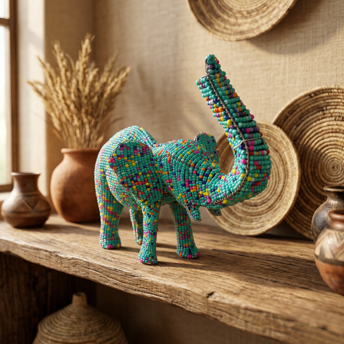 The Beaded Safari Elephant sculpture on a rustic wooden shelf — a small elephant figurine covered in teal and turquoise beadwork with multicolour speckled dot patterns and raised trunk.