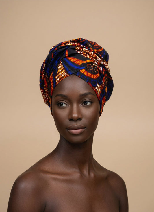 Model wearing the Indigo Heritage ready-to-wear African headwrap in a navy base with orange, blue and white geometric medallion print, against a plain beige background.