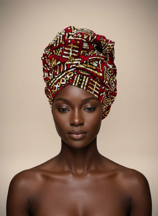 Model wearing the Crimson Mosaic ready-to-wear African headwrap in a red, cream and gold geometric mosaic print, against a plain beige background.
