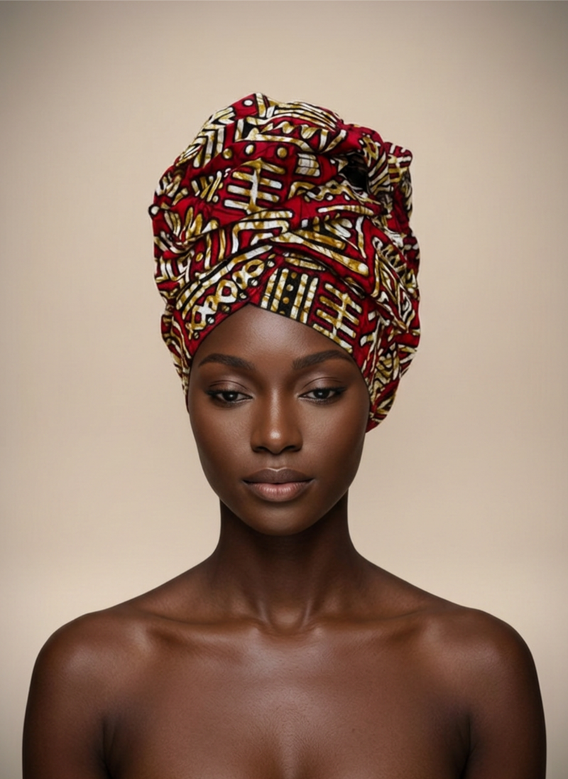 Model wearing the Crimson Mosaic ready-to-wear African headwrap in a red, cream and gold geometric mosaic print, against a plain beige background.