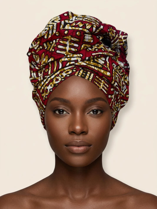 Tinkers traditional African print head wrap in red, white, and gold geometric patterns on a mannequin head.