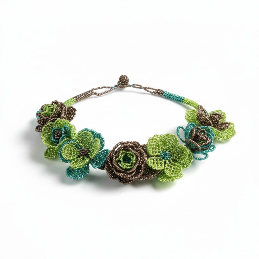 Tinkers handcrafted beaded floral collar necklace with iridescent lime, teal, bronze, and brown seed bead rose blooms.