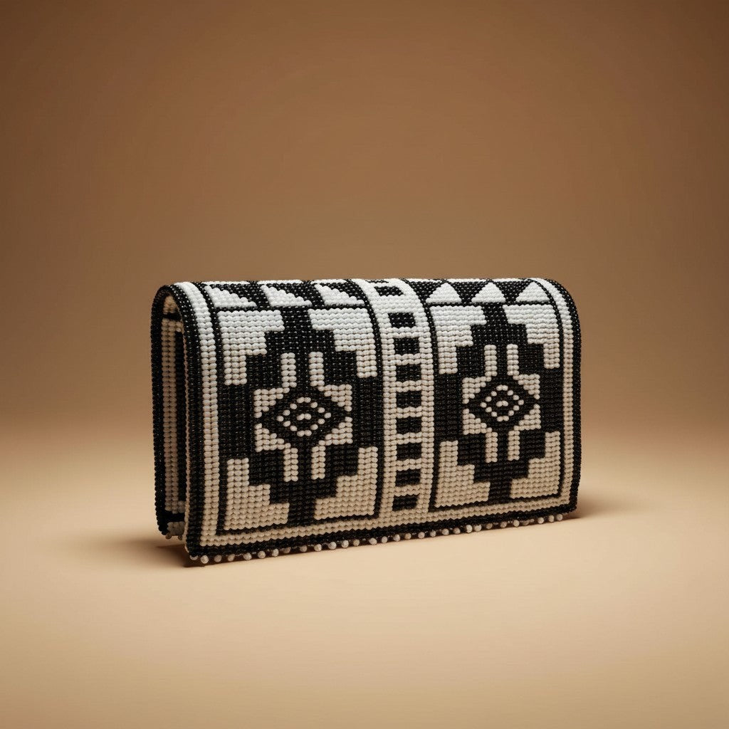 Tinkers black and white beaded clutch with abstract geometric patterns and structured rigid base on beige background.