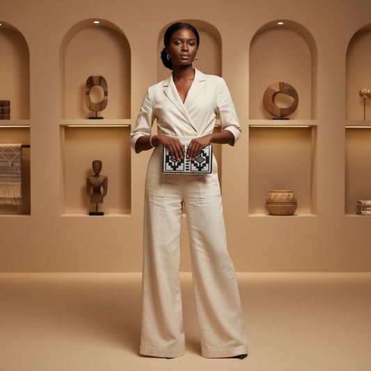 Tinkers black and white abstract beaded clutch held by a model in a beige linen jumpsuit in a gallery setting.