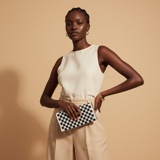 Tinkers black and white checkerboard beaded clutch held by a model wearing a cream top and beige trousers.