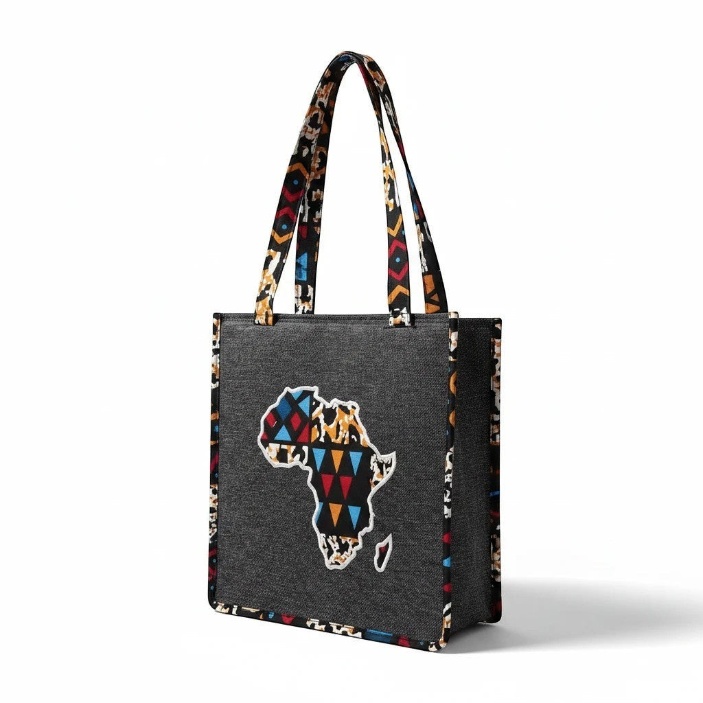 Tinkers decorative fabric tote bag in charcoal grey with a vibrant embroidered Africa map and patterned trim.
