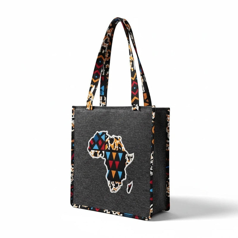 Tinkers decorative fabric tote bag in charcoal grey with a vibrant embroidered Africa map and patterned trim.