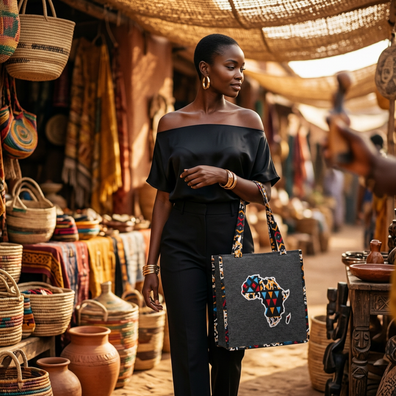 Tinkers decorative fabric tote bag in charcoal grey with a vibrant embroidered Africa map and patterned trim.