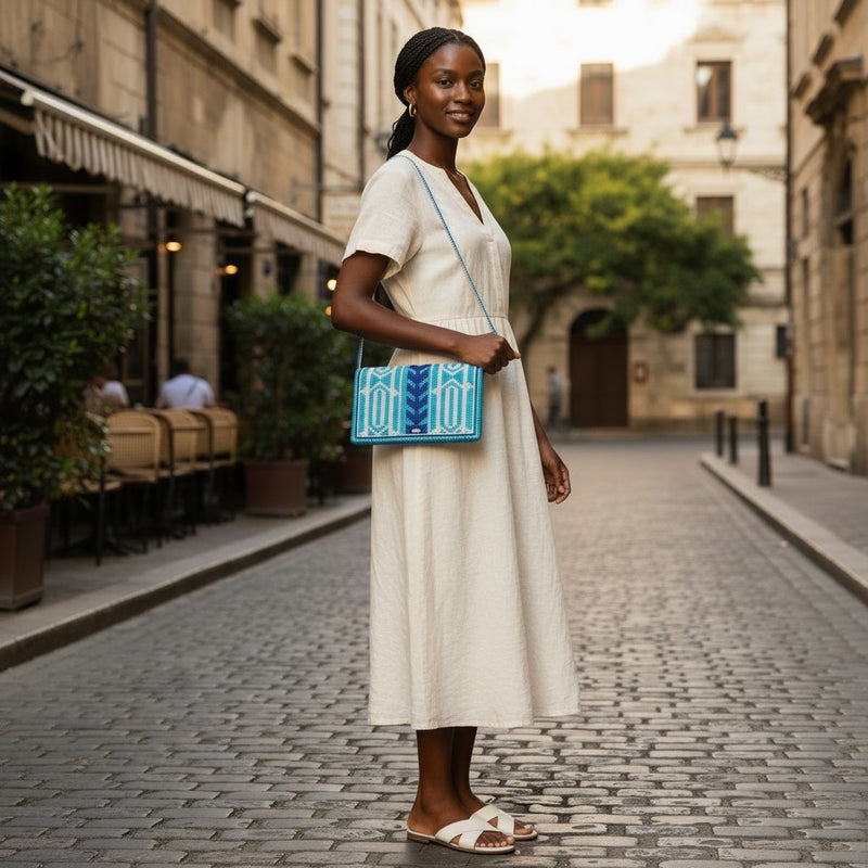 Tinkers turquoise and navy geometric beaded clutch worn by a woman in a white linen dress on a cobblestone street.