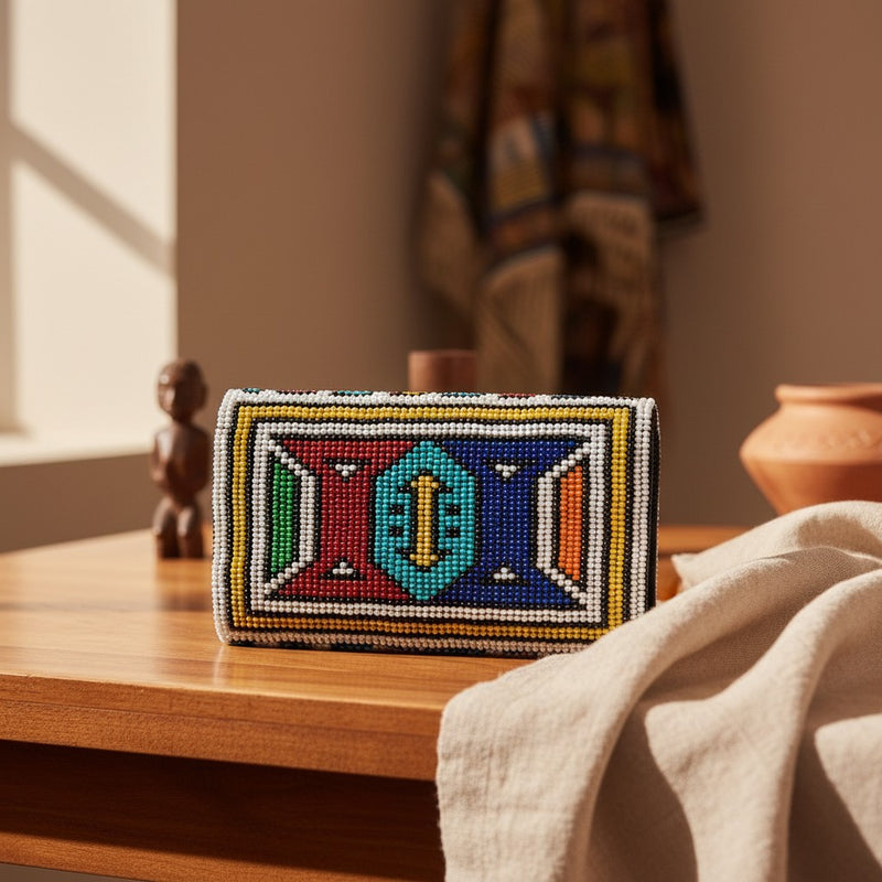 Tinkers handcrafted beaded zip wallet featuring a vibrant geometric Ndebele pattern in multi-coloured glass seed beads.