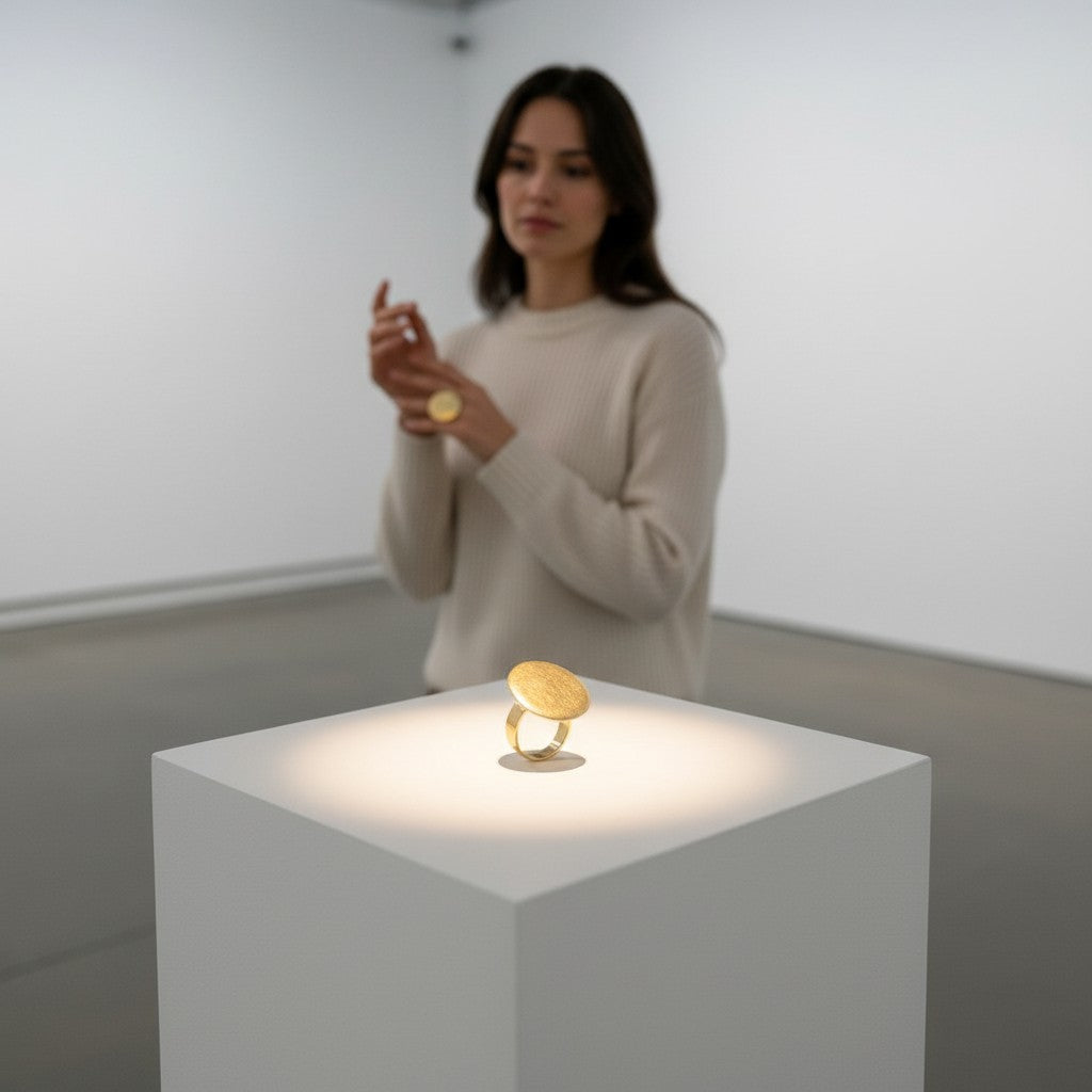 Tinkers brushed gold-tone medallion ring with Africa continent cutout displayed on a pedestal in a gallery setting.