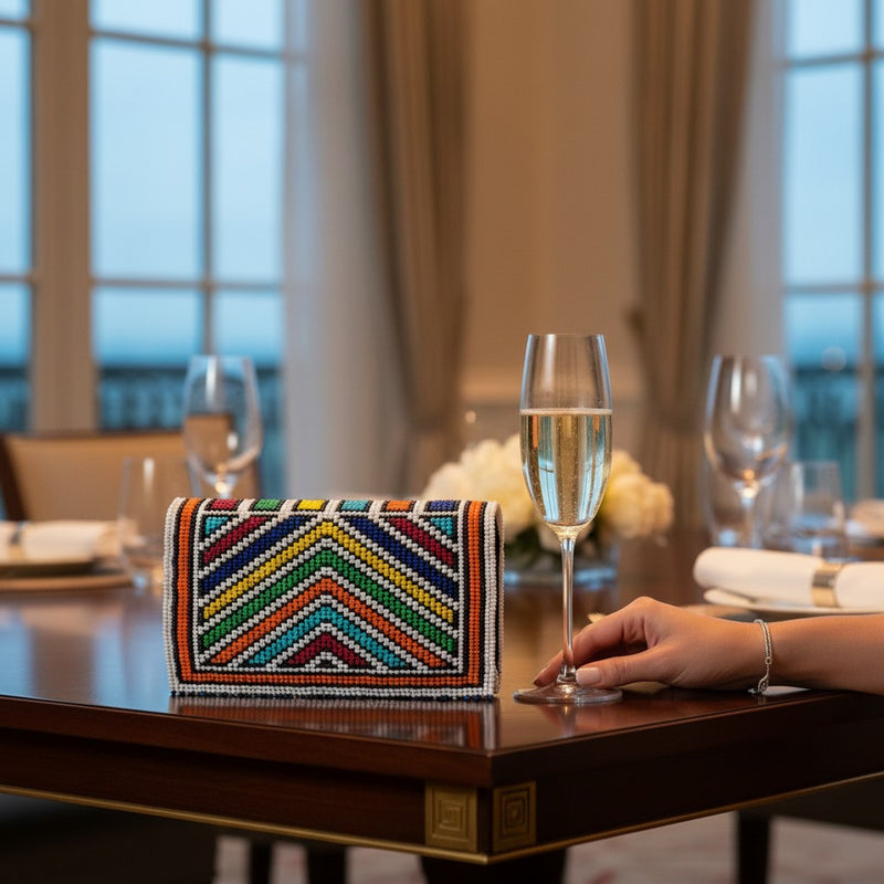 Tinkers multicolour chevron beaded zip wallet with geometric Ndebele patterns on a dining table with champagne
