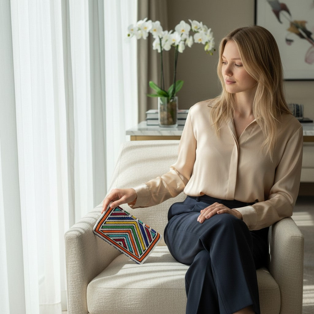 Tinkers multicolour chevron beaded zip wallet held by a woman in a silk blouse sitting in a bright living room.