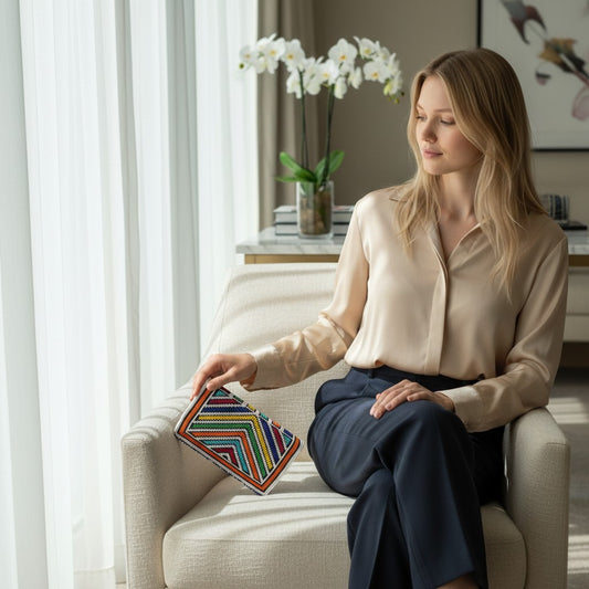 Tinkers multicolour chevron beaded zip wallet held by a woman in a silk blouse sitting in a bright living room.