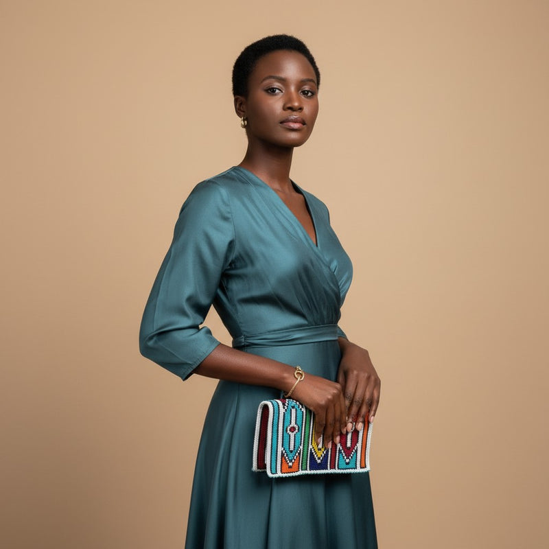 Tinkers beaded clutch with Ndebele doll figures held by a woman in a teal dress against a neutral background.