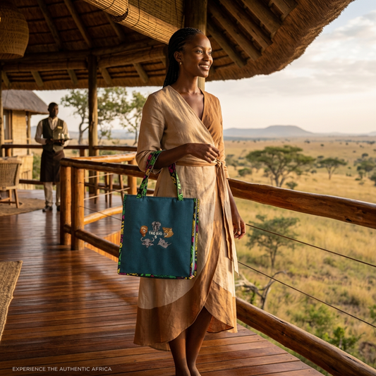 Tinkers teal fabric tote bag featuring The Big 5 animal embroidery and vibrant patterned trim on handles and edges.