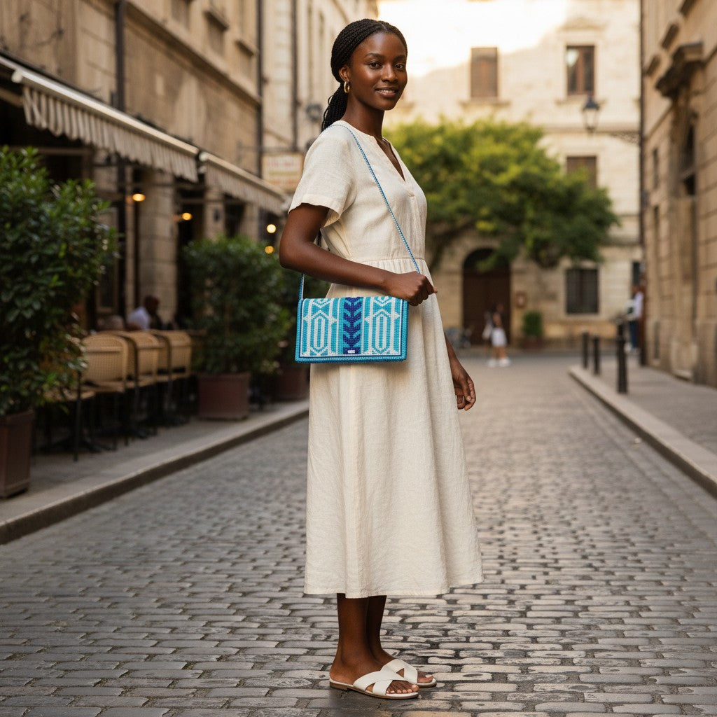 Tinkers turquoise and navy geometric beaded clutch with zigzag motif worn by a woman in a white dress on a city street.
